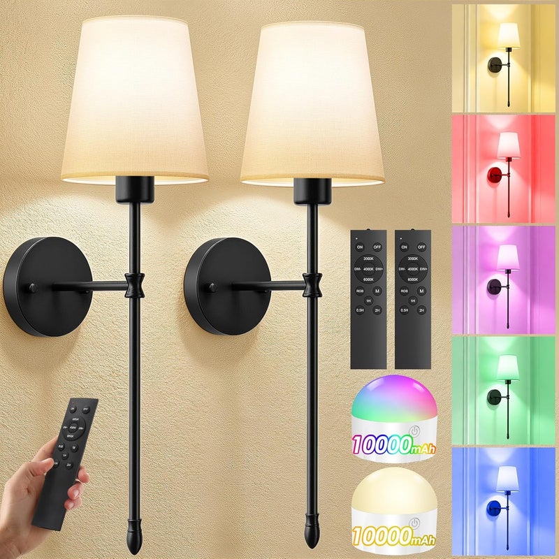 OCATO Battery Operated Wall Sconce: 10000mAh Wireless Wall Sconces Set of Two Rechargeable Lamp Dimmable Magnetic Lights with 7 RGB Colors and Remote Walls Decor for Bedroom Living Room Hallway - Image 1